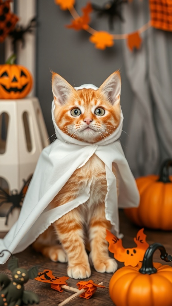 An orange tabby cat in a ghost costume surrounded by Halloween decorations.