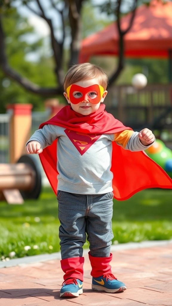 A child dressed as a superhero sidekick with a red cape and mask, standing in a playful pose.