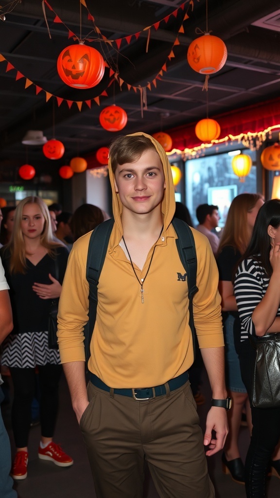 A young man in a yellow hoodie at a Halloween party with pumpkin decorations.