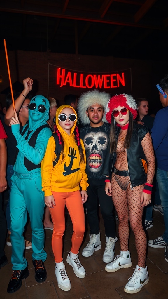A group of four teens in colorful Halloween costumes, showcasing pop culture icons.