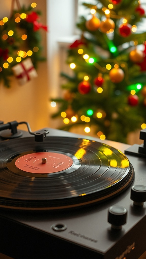 A record player with a vinyl record spinning, in front of a decorated Christmas tree with colorful lights.