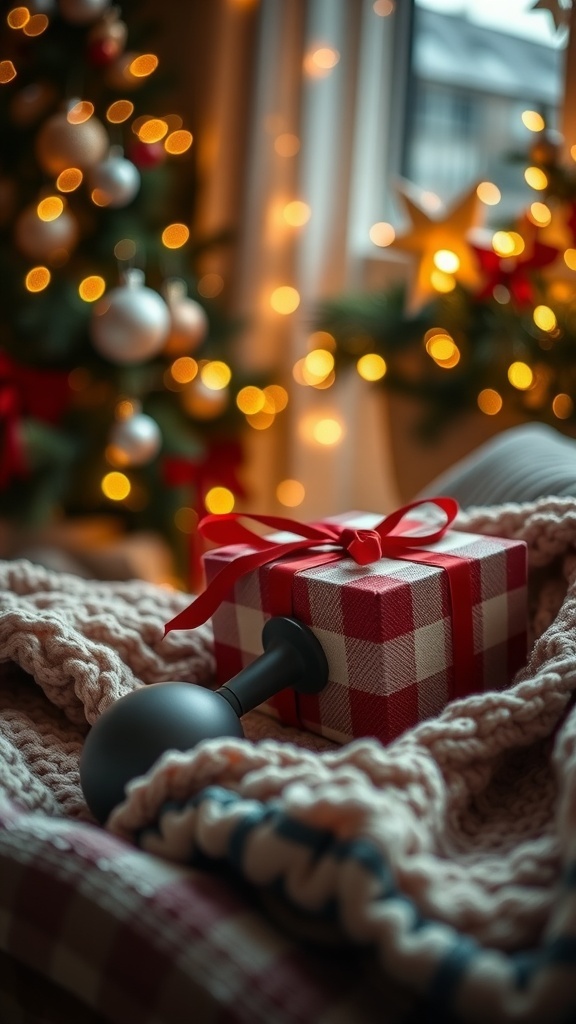 A beautifully wrapped gift on a cozy blanket with a Christmas tree in the background.
