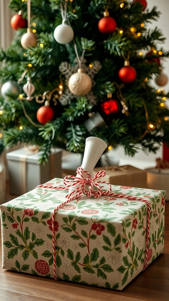 A beautifully wrapped Christmas gift under a decorated tree