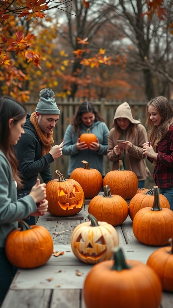 A group of people carving pumpkins outdoors during a Halloween activity.