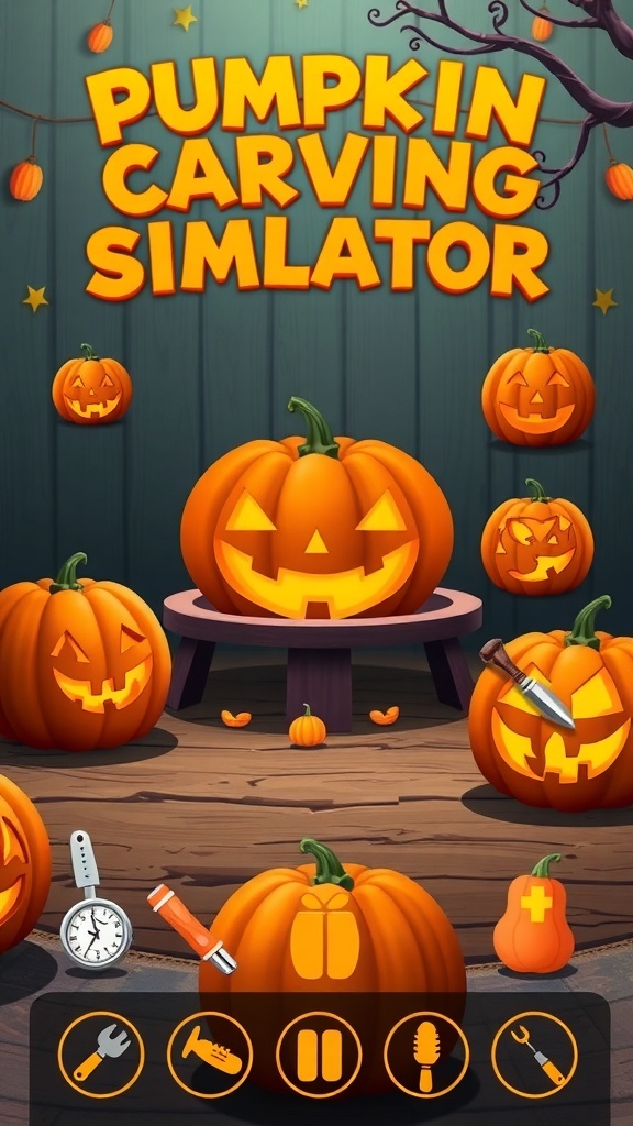 A colorful Pumpkin Carving Simulator Widget featuring various pumpkins and carving tools.