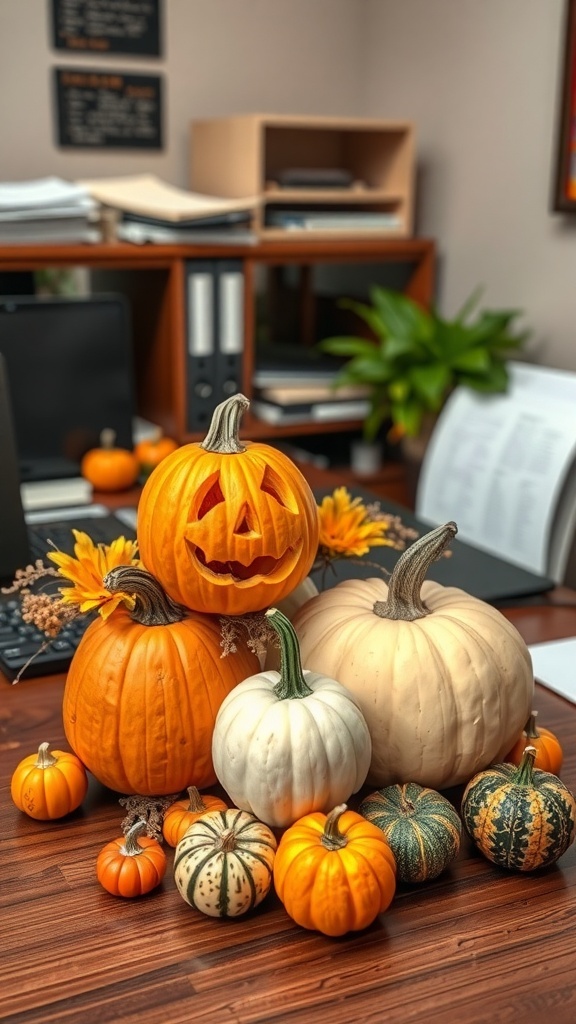 A collection of pumpkins on an office desk, including a carved jack-o'-lantern and various decorative pumpkins.