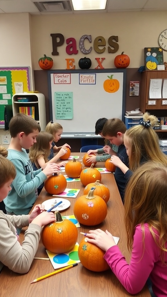 Students decorating pumpkins at a classroom table for Halloween activities.