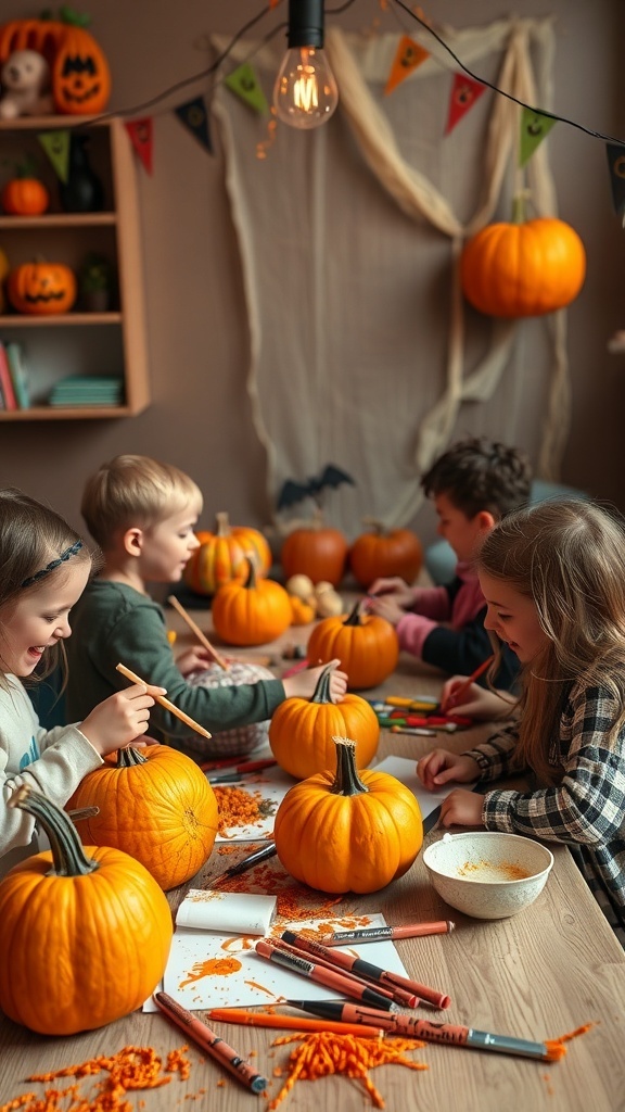 Children decorating pumpkins at a Halloween birthday party