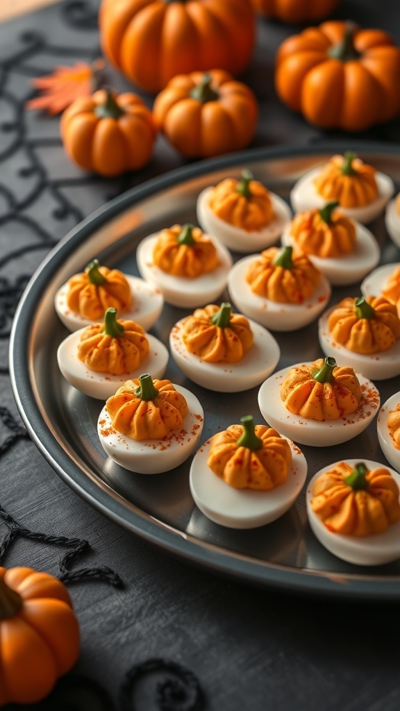 A tray of pumpkin-shaped deviled eggs decorated with paprika and green bell pepper, surrounded by small pumpkins.