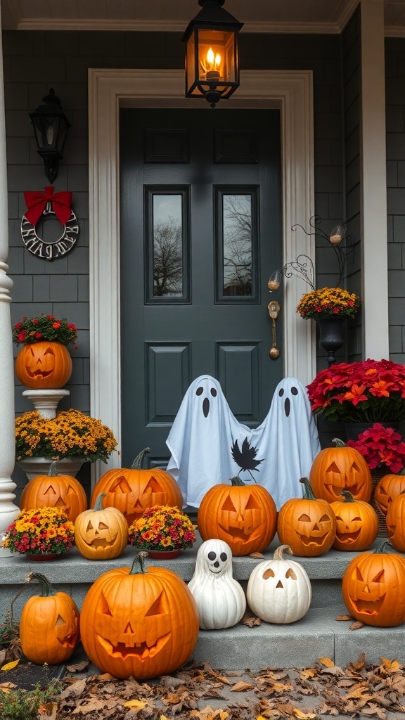 A Halloween porch decorated with various carved pumpkins and two ghost decorations.