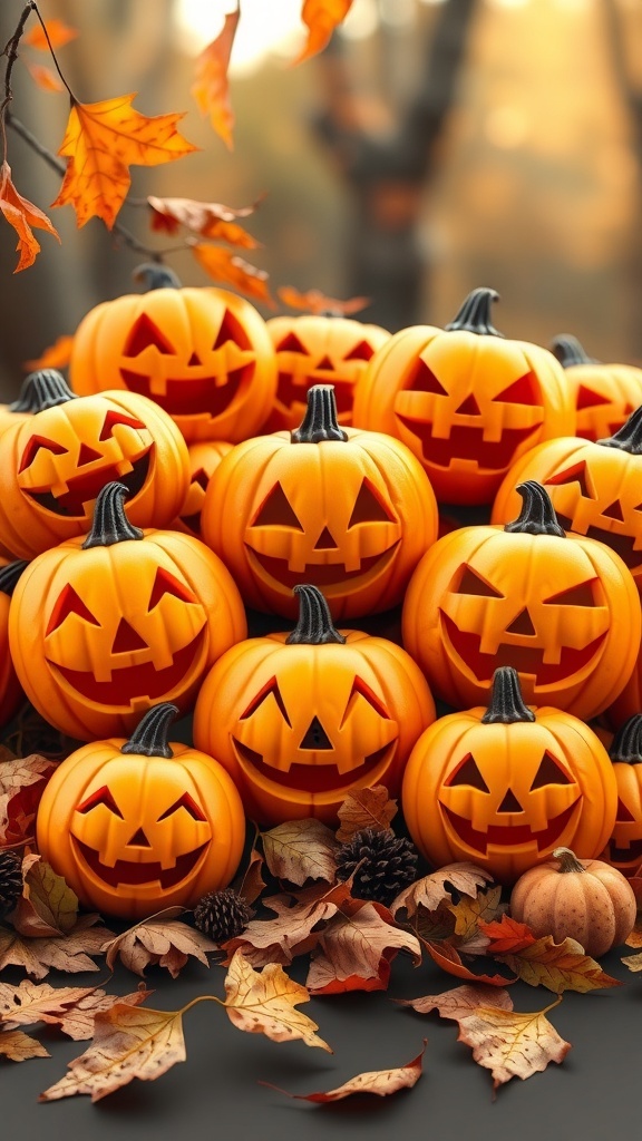 A collection of carved pumpkins with various expressions, surrounded by autumn leaves and pinecones.