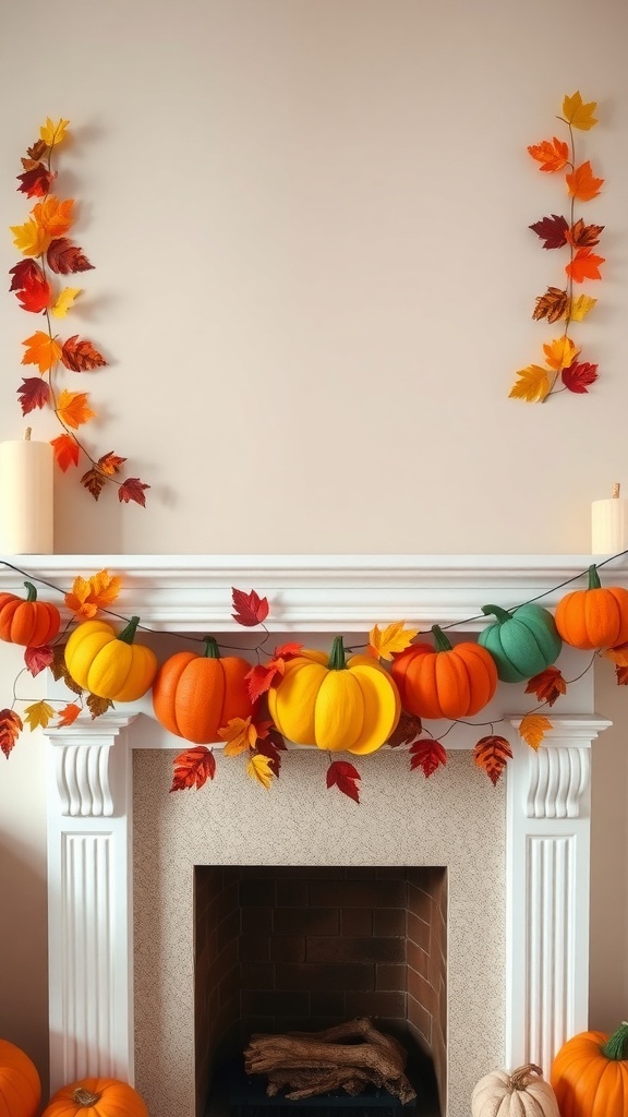 A colorful pumpkin garland with autumn leaves hanging over a white mantel.
