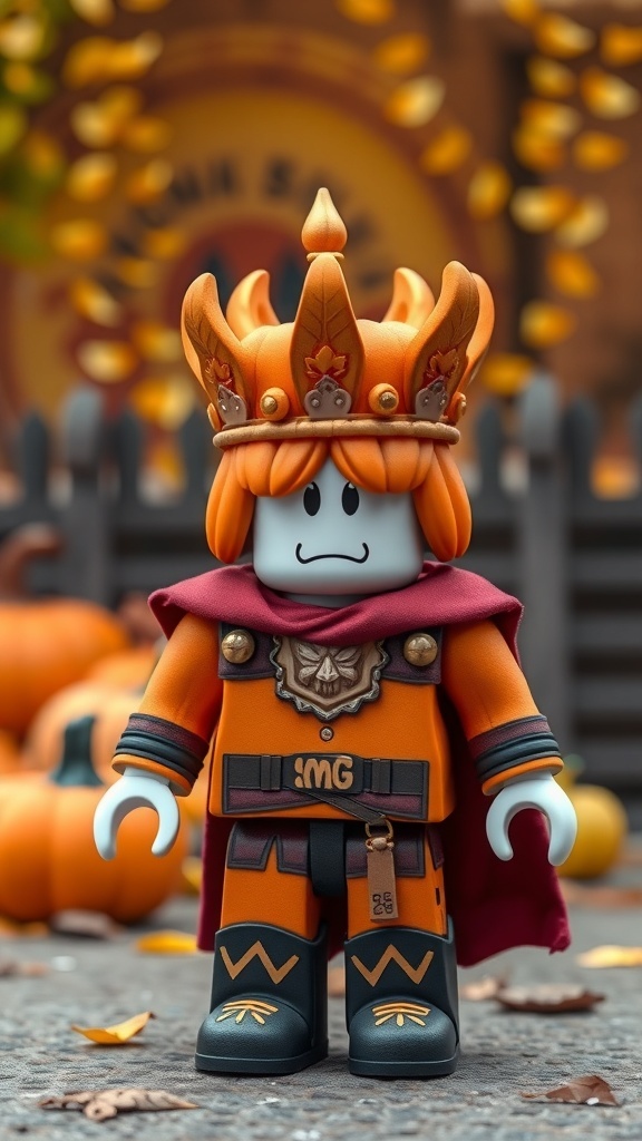 Roblox avatar dressed in a Pumpkin King costume with a crown and cape, surrounded by pumpkins.
