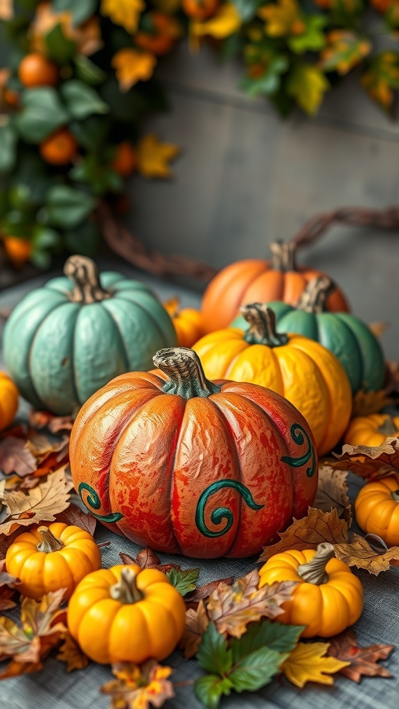 Colorful painted rocks resembling pumpkins surrounded by autumn leaves.