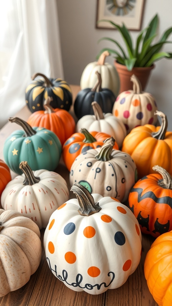 A variety of painted pumpkins in different colors and designs on a wooden table.