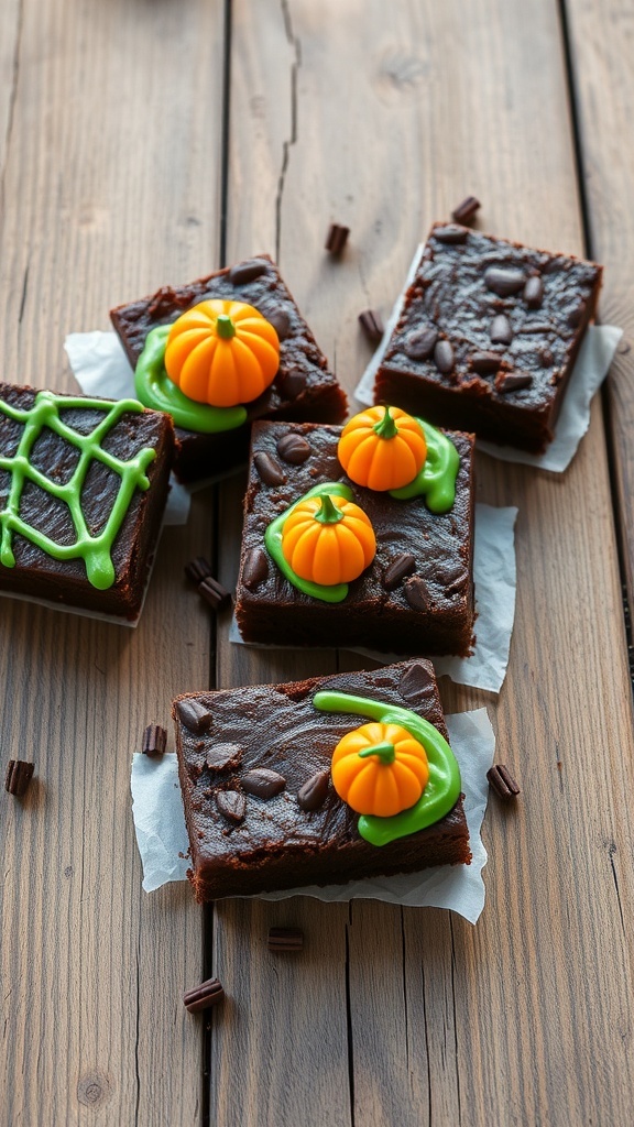 Pumpkin Patch Brownies decorated with orange pumpkin candies and green icing on a wooden table.