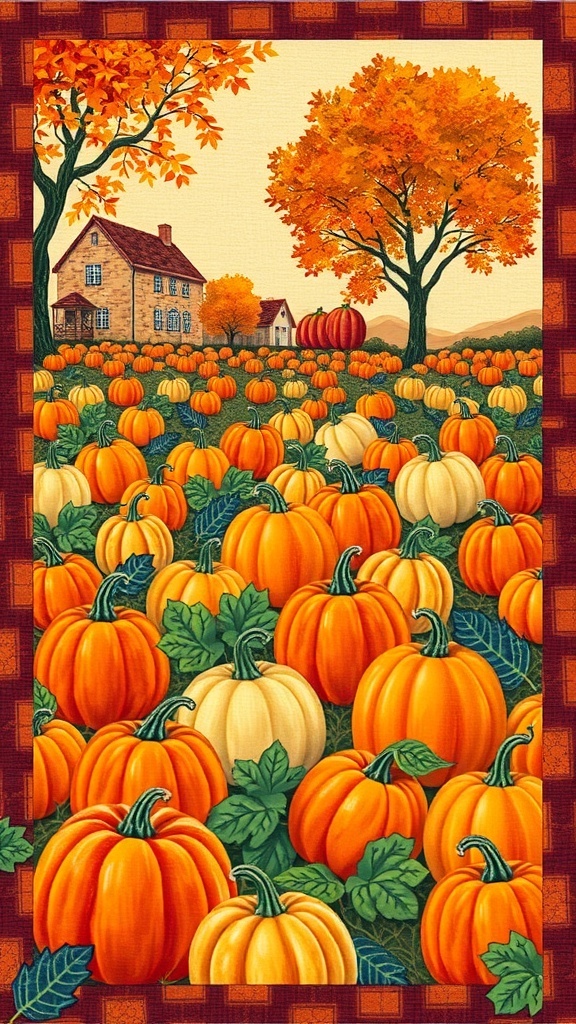 A colorful pumpkin patch with orange pumpkins, green leaves, and a farmhouse in the background surrounded by autumn trees.