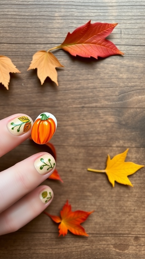 Nail art featuring pumpkins and leaves on a wooden surface