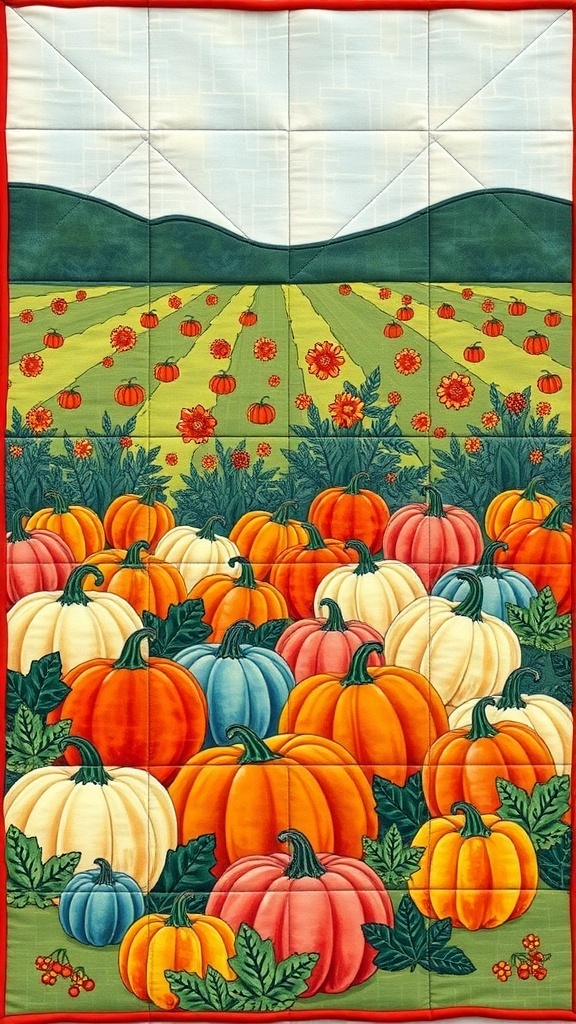 Colorful quilt square featuring a pumpkin patch with various pumpkins and flowers in a field.