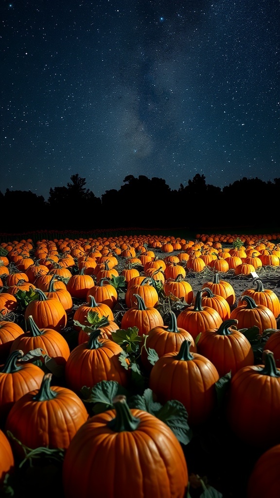 A pumpkin patch illuminated under a starry sky with numerous pumpkins scattered across the field.