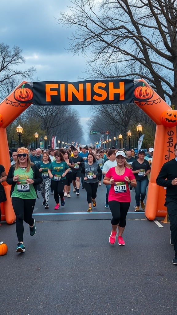 Runners crossing the finish line of a Halloween-themed 5K event