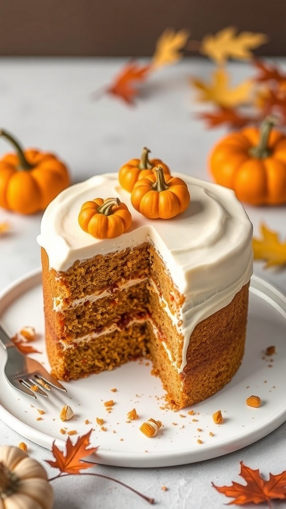 A pumpkin spice layer cake with three layers, topped with mini pumpkins and surrounded by autumn leaves.