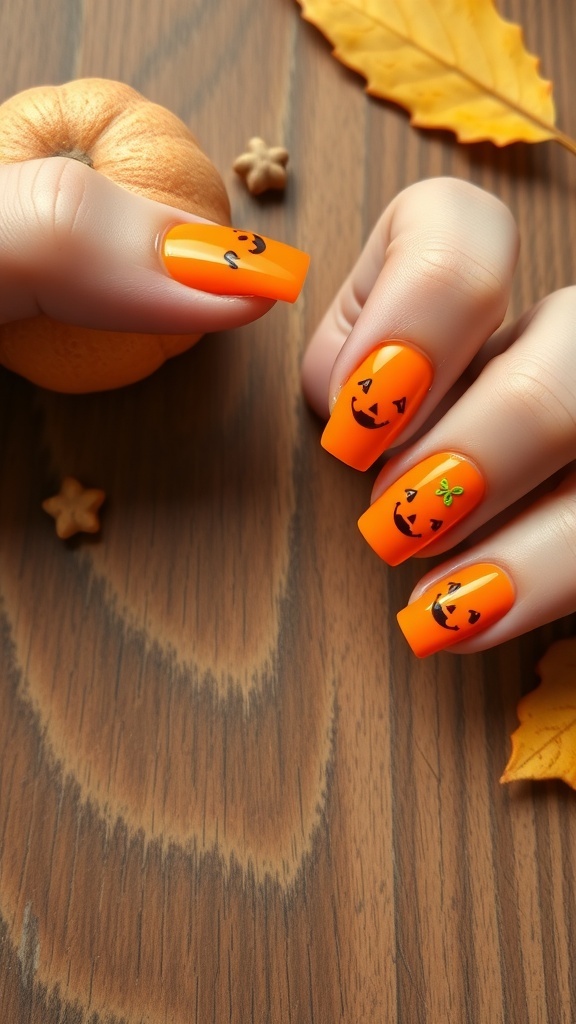 Bright orange acrylic nails with pumpkin faces, autumn leaves, and a small pumpkin on a wooden surface.