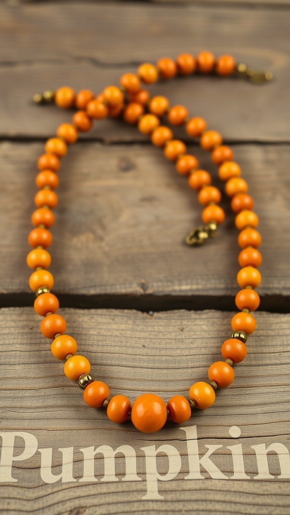 A pumpkin spice necklace made of orange beads with golden accents, displayed on a wooden surface.
