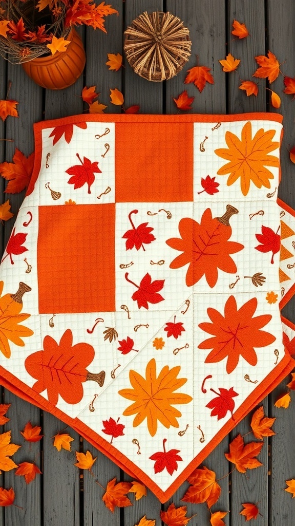 A cozy pumpkin spice quilt with orange and yellow leaves on a wooden surface, surrounded by autumn decorations.