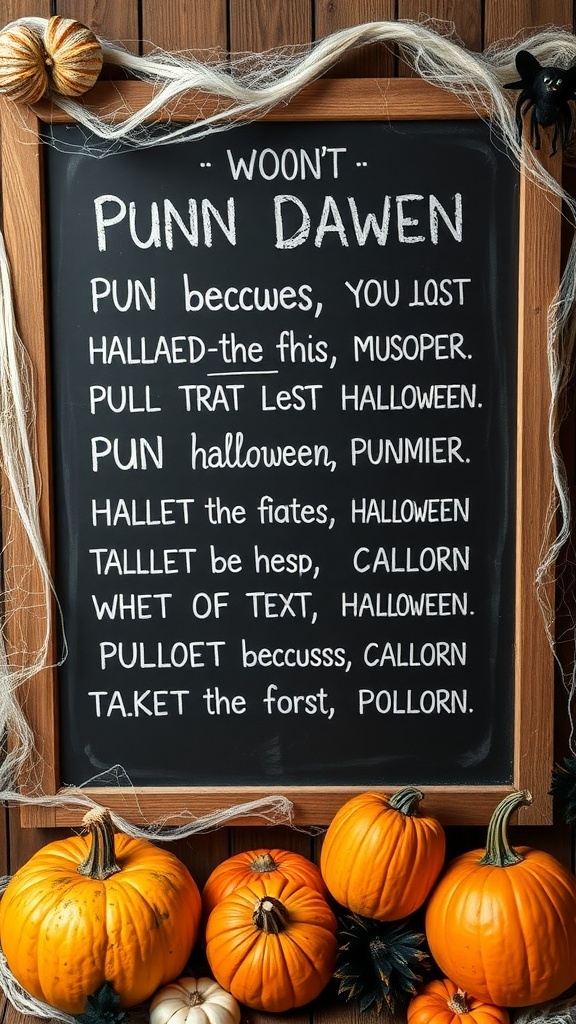 Chalkboard with Halloween puns and pumpkins