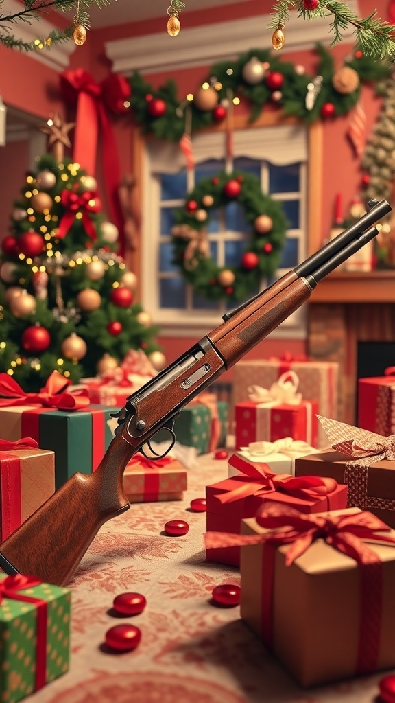 A Red Ryder BB gun surrounded by colorful Christmas presents in a festive room.