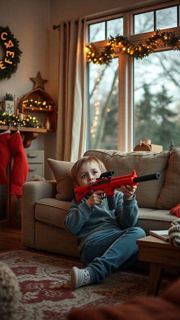 A young boy sitting on a couch, holding a red toy BB gun in a decorated living room for Christmas.