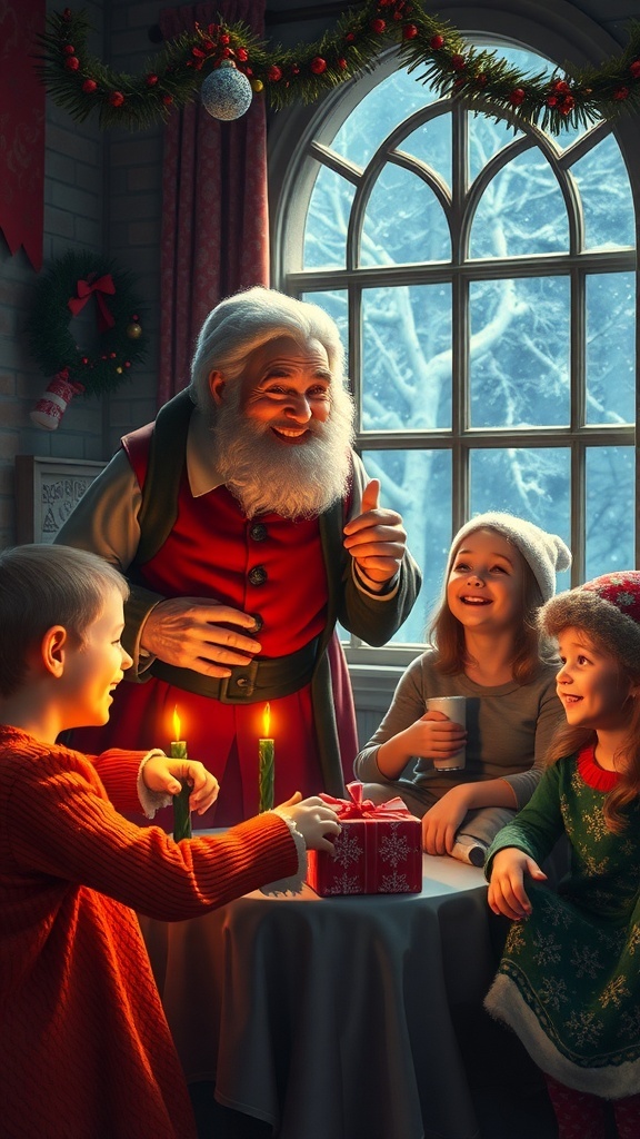 Santa Claus with children celebrating Christmas, showcasing joy and warmth.