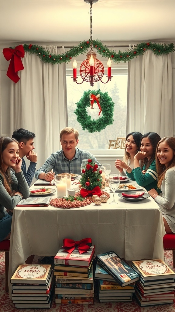 A festive Christmas gathering with friends from the class of '09 around a table decorated with holiday cheer.