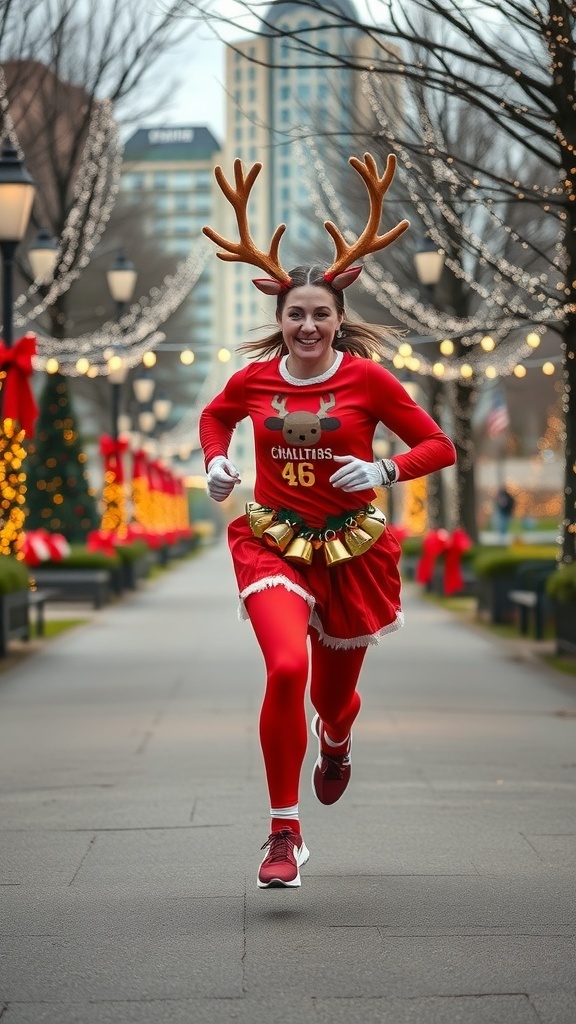 A runner in a festive red outfit with reindeer antlers and sleigh bells, joyfully running in a decorated park.