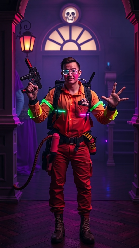 Person dressed as a Ghostbuster in a retro 80s costume with neon accents