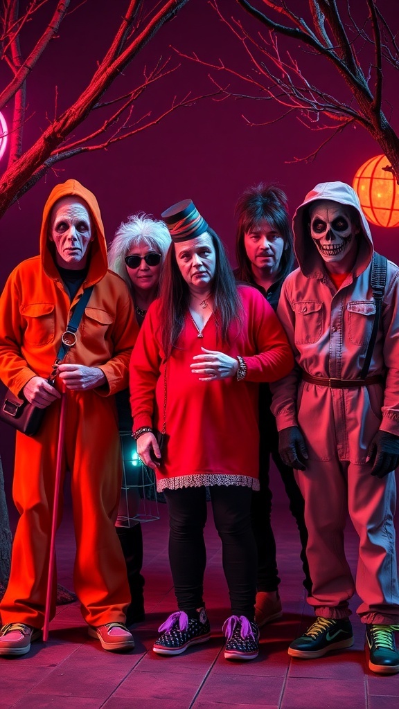 A group of people dressed as retro 80s horror icons, featuring colorful outfits and spooky accessories.