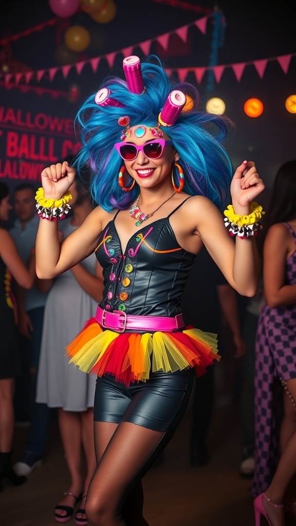 A woman in a colorful 80s pop star costume with a blue wig and vibrant accessories, dancing at a Halloween party.