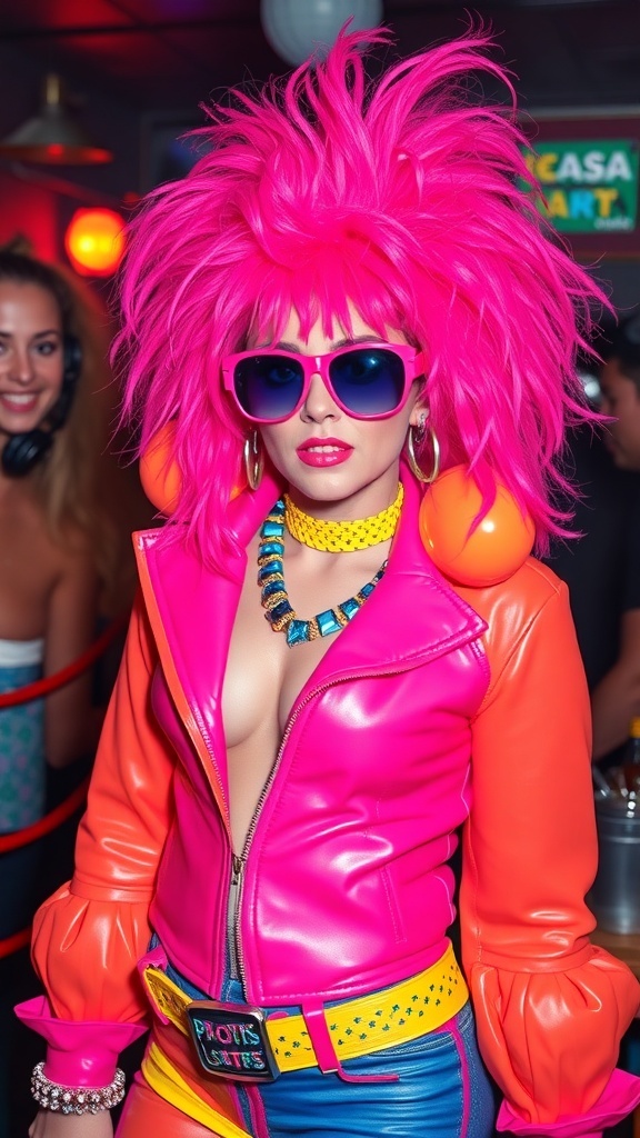 A person dressed in a vibrant 80s pop star outfit with pink hair and sunglasses.