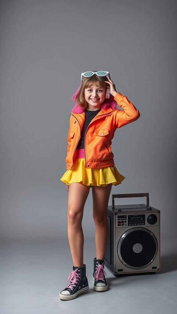 A young girl dressed in a bright orange jacket, yellow skirt, and black high-top sneakers, posing with a boombox.