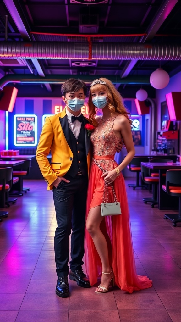 Couple dressed as Retro 80s Prom King and Queen, with bright colors and masks