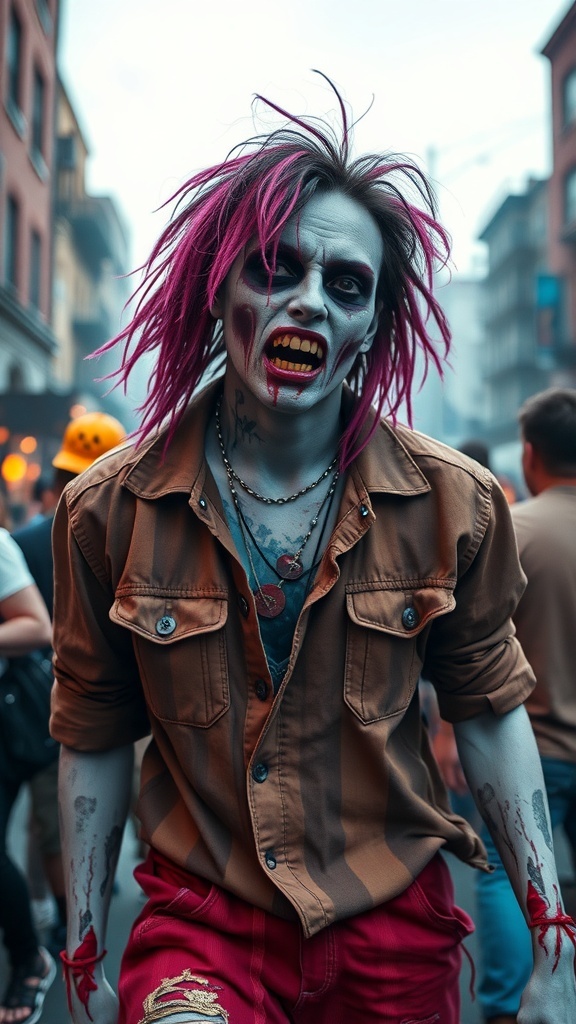A person dressed in a Retro 80s Zombie costume with bright hair and a flannel shirt, looking spooky and fun.