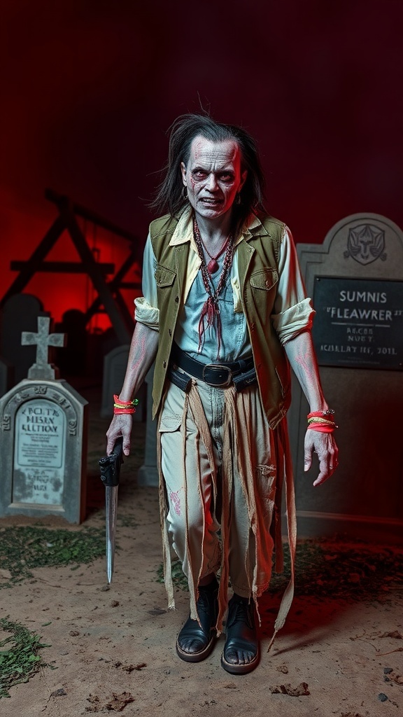 A person dressed as a zombie in a graveyard setting, wearing tattered clothes and spooky makeup.