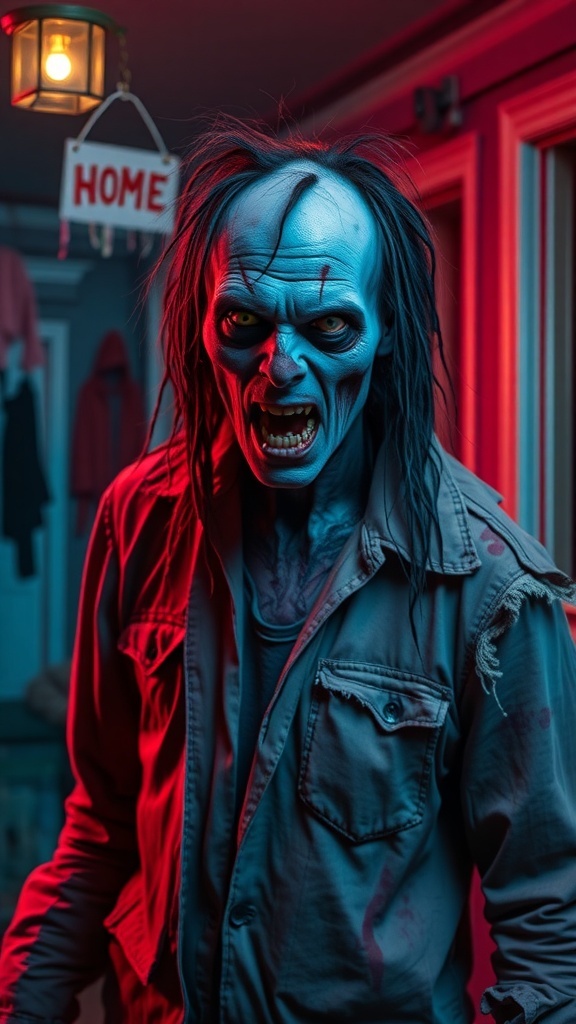 A zombie with blue skin and messy hair, wearing a tattered shirt, showcasing a retro 80s horror vibe.