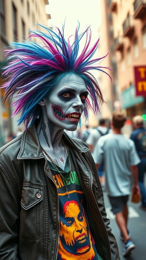 A person with colorful hair styled in a retro 80s zombie look, wearing a leather jacket and a graphic tee, standing in a busy street.