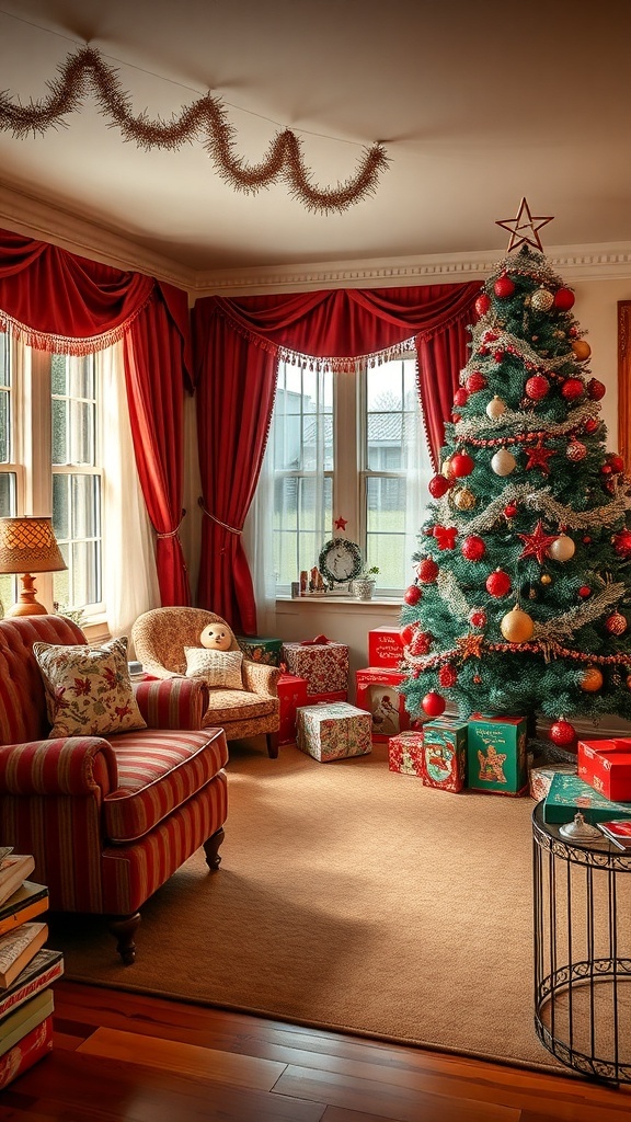A cozy living room decorated for Christmas in the 1950s, featuring a vibrant tree, red curtains, and colorful gifts.