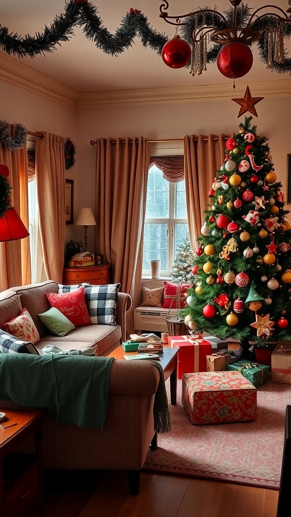 Cozy living room decorated for Christmas with a retro theme, featuring a Christmas tree, colorful ornaments, and festive decorations.