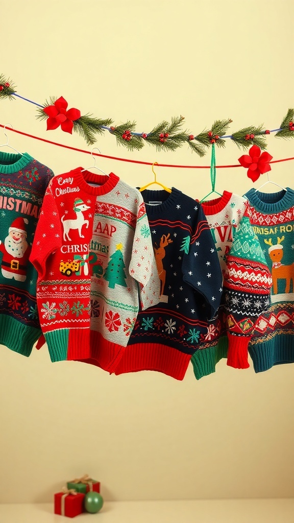 A collection of colorful retro Christmas sweaters hanging on a line with festive decorations.
