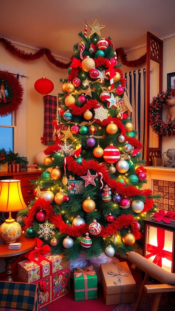 A beautifully decorated Christmas tree from the 70s with colorful ornaments, tinsel, and wrapped presents.