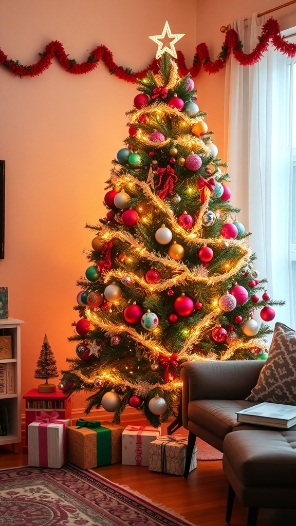 A vintage Christmas tree decorated with colorful ornaments and lights, with gifts underneath.